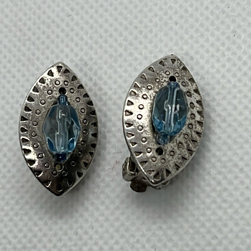 Womens Earrings Silver Tone and Clear Blue Bead Western Festival Boho Clip On